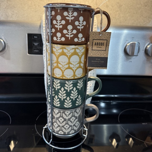 NIB Abode Housewares Blue & Beige Stackable Mug Set with Metal Stand - Picture 1 of 5